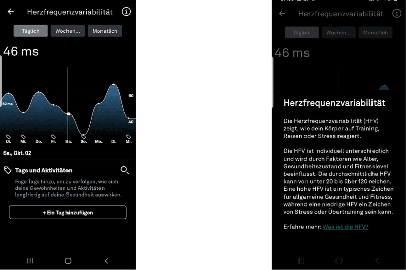 Man sieht die geöffnete Oura App, wo die Herzratenvariabilität angezeigt wird.